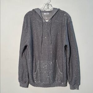 OKAYWEAR NEW Holiday City-Chic Silver Sequin Kangaroo Pocket NWT Grey Hoodie L